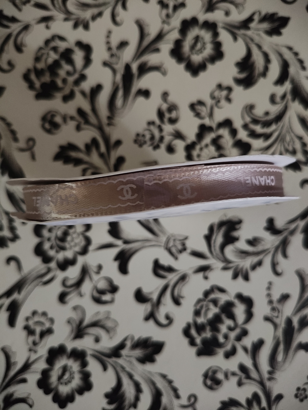 Brown and White Satin Logo Ribbon